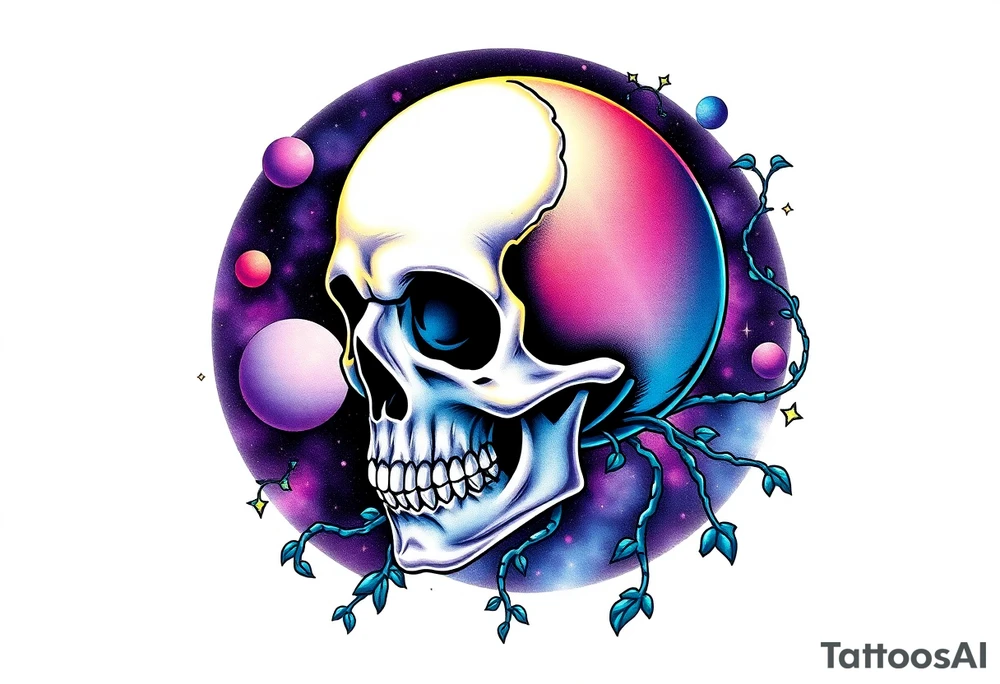 gothic skull as the moon and life as the sun. intertwined with climbing  vines as space dust connecting planets and galaxy in background of skull really bright colors used for the planets and stars shade's of Purple, Blue and black as the backdrop for galaxy tattoo idea