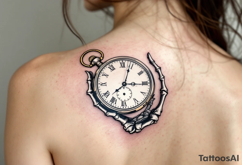 A monochrome skeleton hand holding a ticking pocket watch with gold highlights, "memento mori" engraved across the watch face. tattoo idea