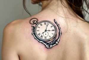 A monochrome skeleton hand holding a ticking pocket watch with gold highlights, "memento mori" engraved across the watch face. tattoo idea