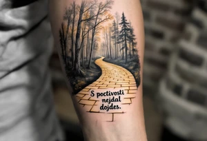"S poctivosti nejdal dojdes." — A path made of golden bricks winding through a forest, with the phrase etched in elegant black script beneath. tattoo idea