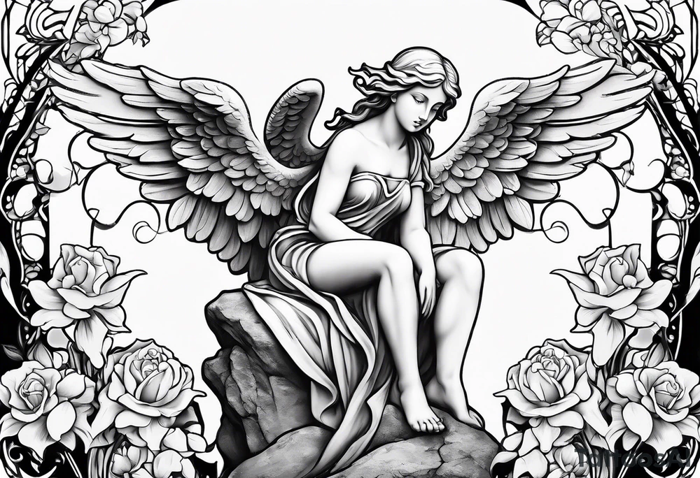 Simple Angel statue stood on a rock with daffodils and roses wrapped around its legs tattoo idea