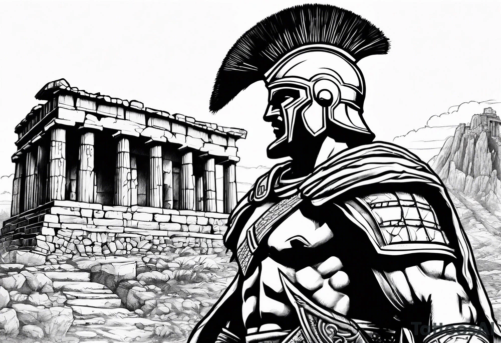 Side profile of spartan soilder with ancient ruins in background tattoo idea