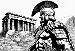 Side profile of spartan soilder with ancient ruins in background tattoo idea