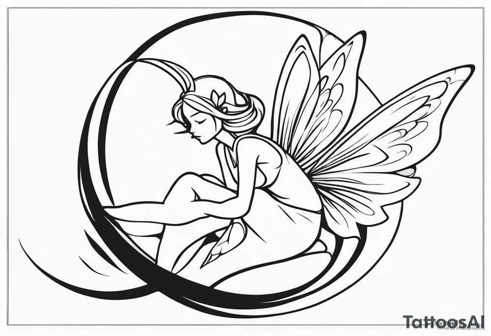 Minimalistic, monochromatic fairy with a tail flying to the left in a fetal position, leaning and looking in the same direction, with visible hands, embodying the 'Fairy Tail' logo aesthetic. tattoo idea