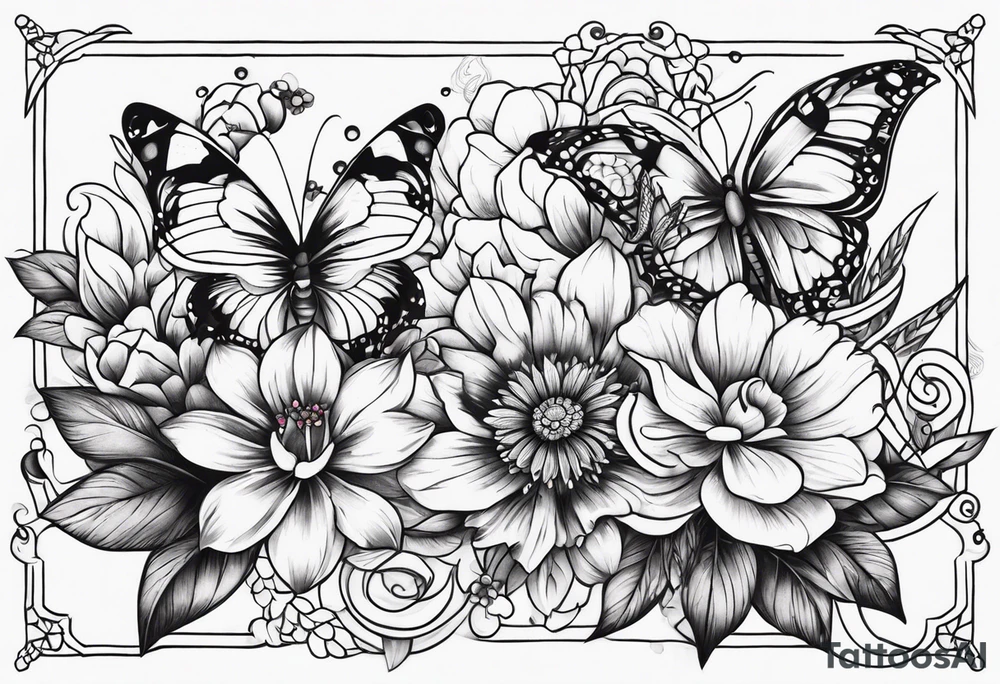 Butterflies with flowers & snake tattoo idea