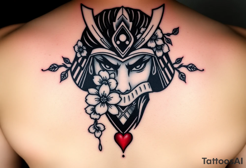 Samurai women warrior face
 with a with cherry blossom with wind red heart design bleed tattoo idea