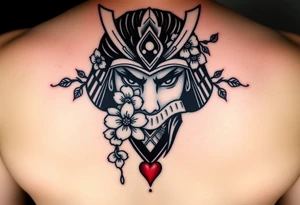 Samurai women warrior face
 with a with cherry blossom with wind red heart design bleed tattoo idea