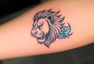 Powerful, fierce stoic lions head, whose mane turns into blue flames that swirl up my arm with blue embers tattoo idea