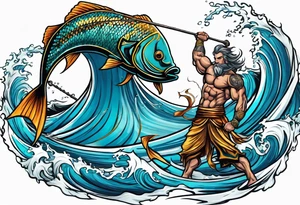 muscular
god 
posideon fighting a sport fish with a trident tattoo idea