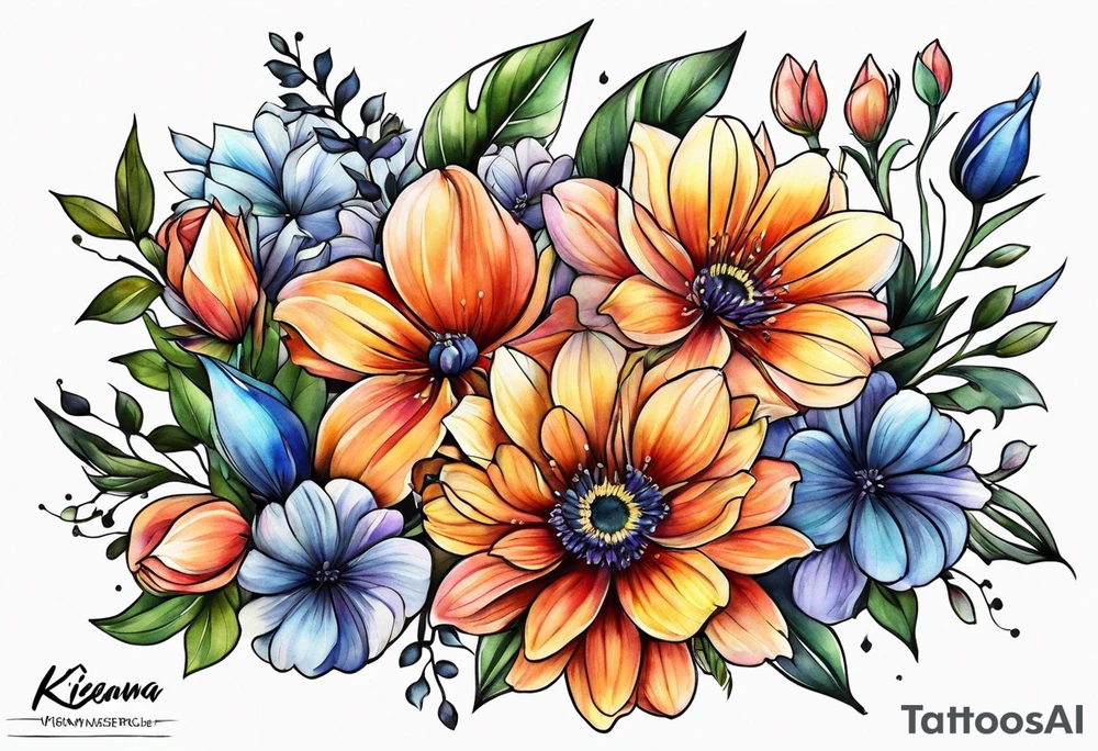 Flowers around the name Kieanna tattoo idea
