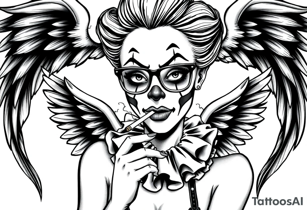 beautiful long hair pin up Clown Girl pays thug eyeglasses  angelic wings smoking a cigarette tattoo idea