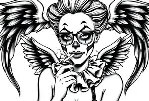 beautiful long hair pin up Clown Girl pays thug eyeglasses  angelic wings smoking a cigarette tattoo idea