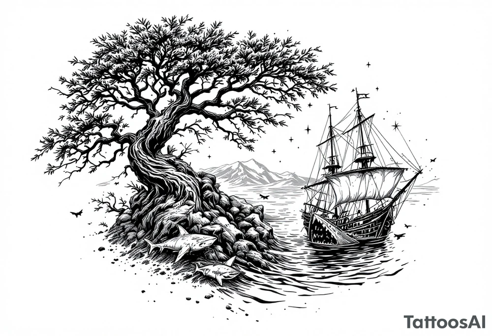 tattoo that has an acacia tree with mountains, ocean with a ship wreck with sharks and the northern star tattoo idea