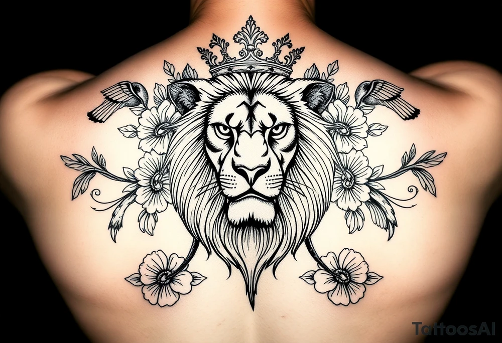 powerful majestic lion with a crown, surrounded by floral ornaments and birds tattoo idea