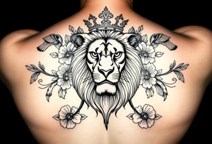 powerful majestic lion with a crown, surrounded by floral ornaments and birds tattoo idea