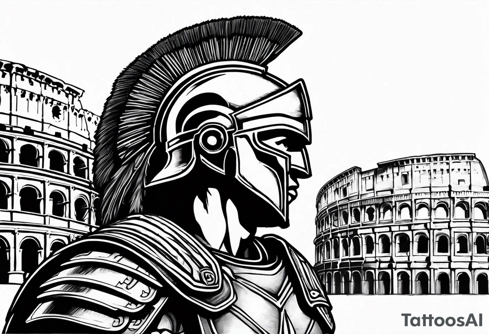 Side profile of spartan soilder with Rome Pantheon and colosseum in background tattoo idea