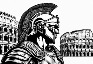 Side profile of spartan soilder with Rome Pantheon and colosseum in background tattoo idea