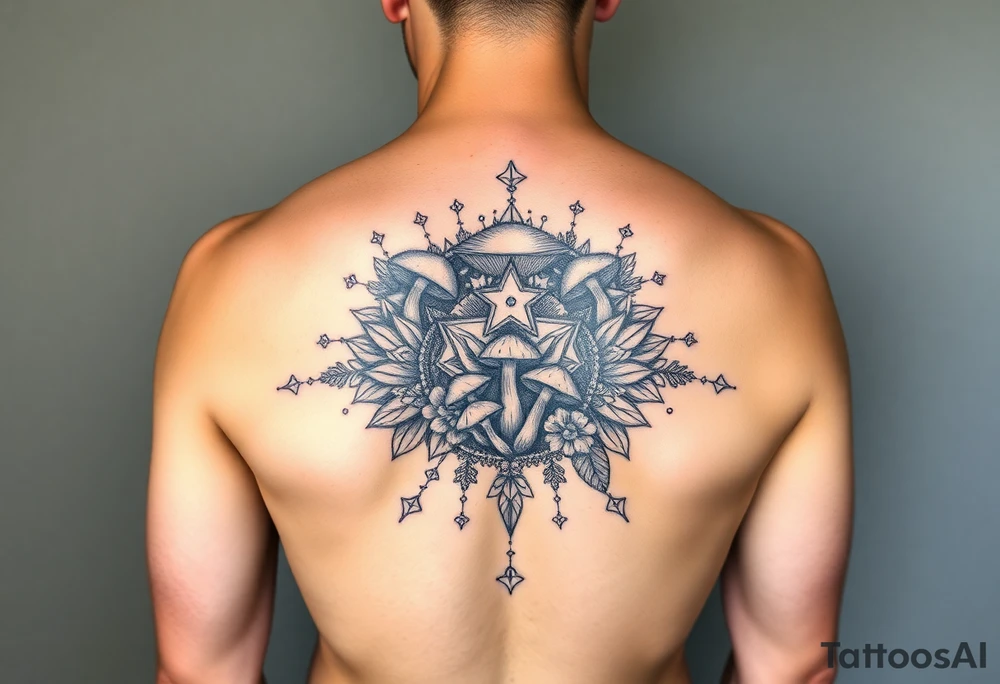 Could you possible make me a cool nature tattoo with mushrooms crystals  flowers mandala boho but colorful and psychedelic colorful too that would wrap from front of hip around side to mid back to cover an existing one I have incorporating the stars I have already and only covering some wrapping from front of hip around side to back tattoo idea
