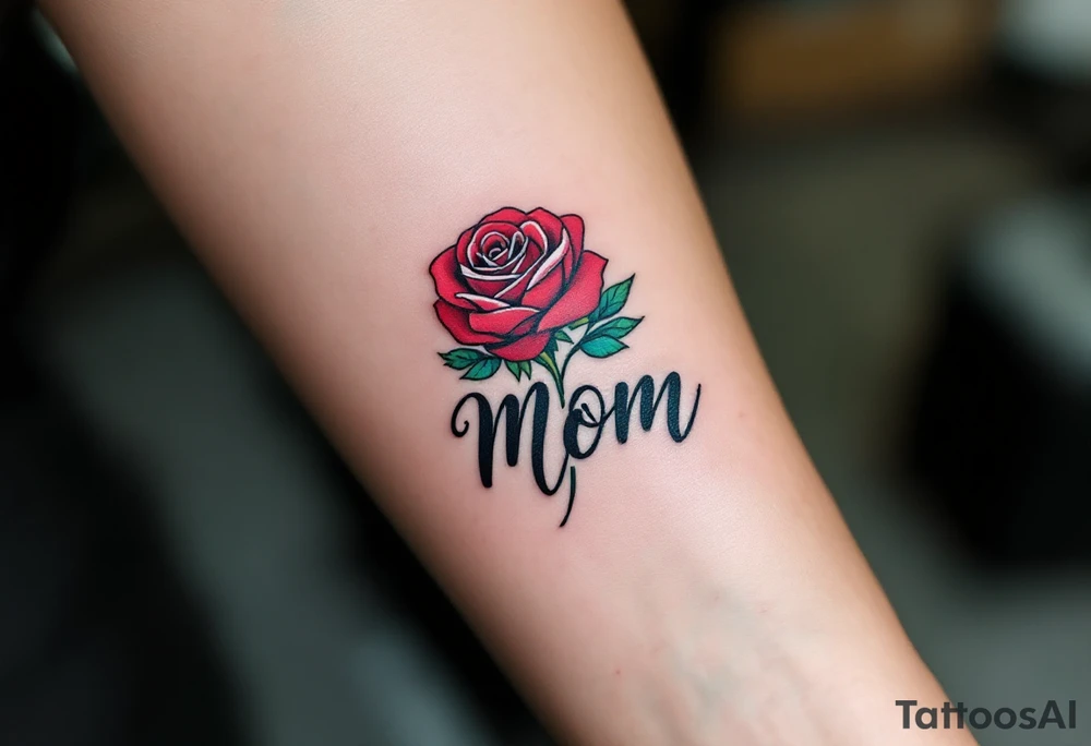 A red rose with a teal ribbon that wraps around with “Mom” in bold black ink. tattoo idea