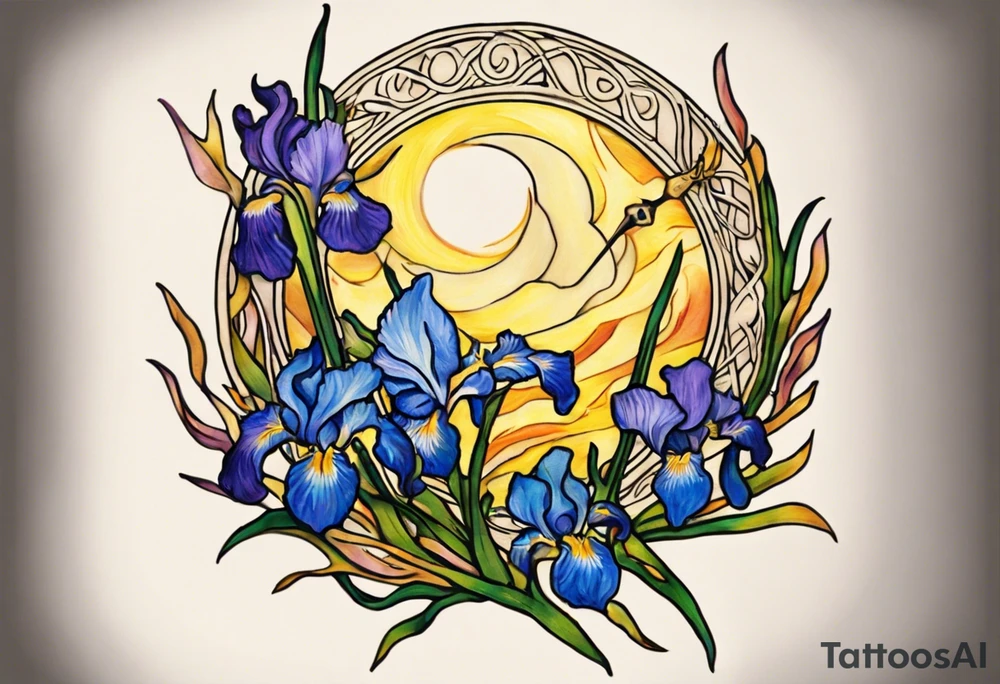 Create a colorful Vincent van Gogh Irises tattoo with Athena's shield and spear. The tattoo should take the form of a crescent, with vines gracefully intertwining at a central point in the middle of the wreath.  The intended placement is on the upper chest. The overall design should be small in size while maintaining a delicate and artistic aesthetic. Pay attention to the graceful flow of the vines and the placement of the irises to achieve a refined and elegant look. tattoo idea