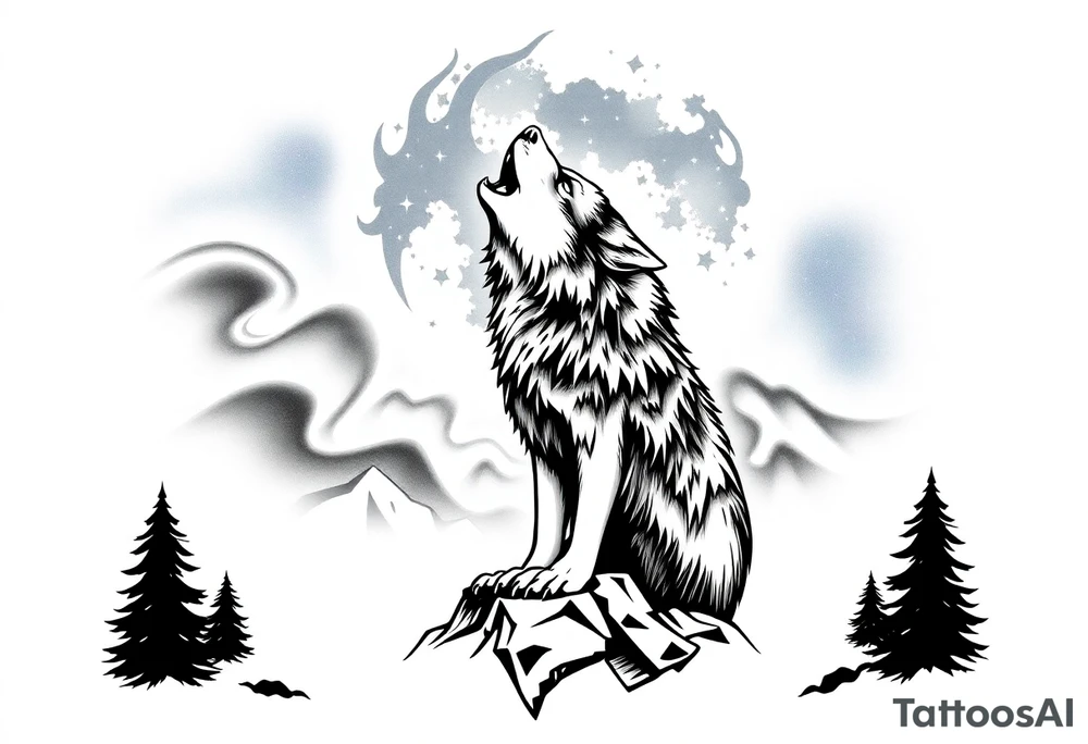lone wolf howling at full moon with northern lights backdrop tattoo idea
