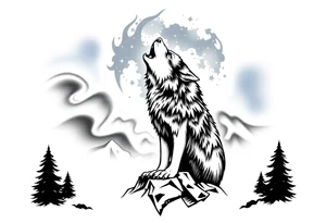 lone wolf howling at full moon with northern lights backdrop tattoo idea