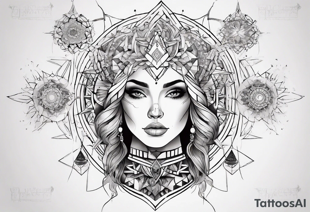 beautiful woman mixed with geometric objects like a mandalas tattoo idea