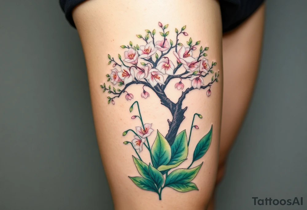 Lilly of the vally plants underneath a blooming hawthorn tree tattoo idea