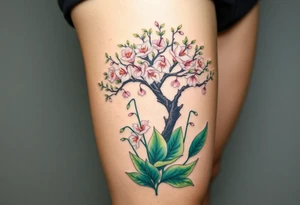 Lilly of the vally plants underneath a blooming hawthorn tree tattoo idea