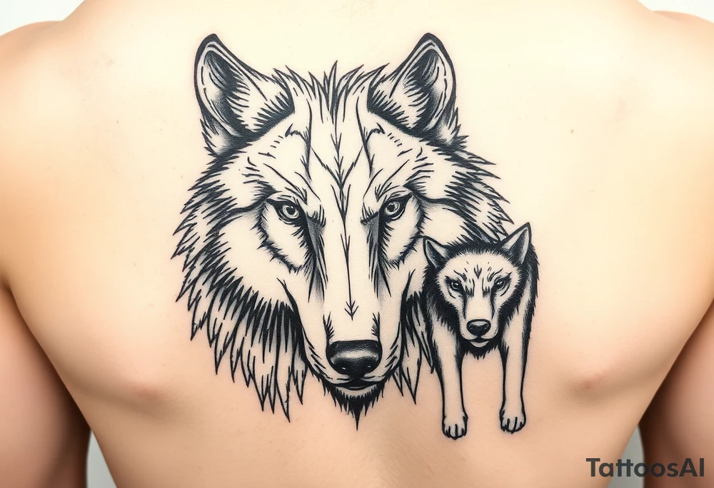 A solitary yet sublime and noble wolf and its progeny. the face tattoo idea