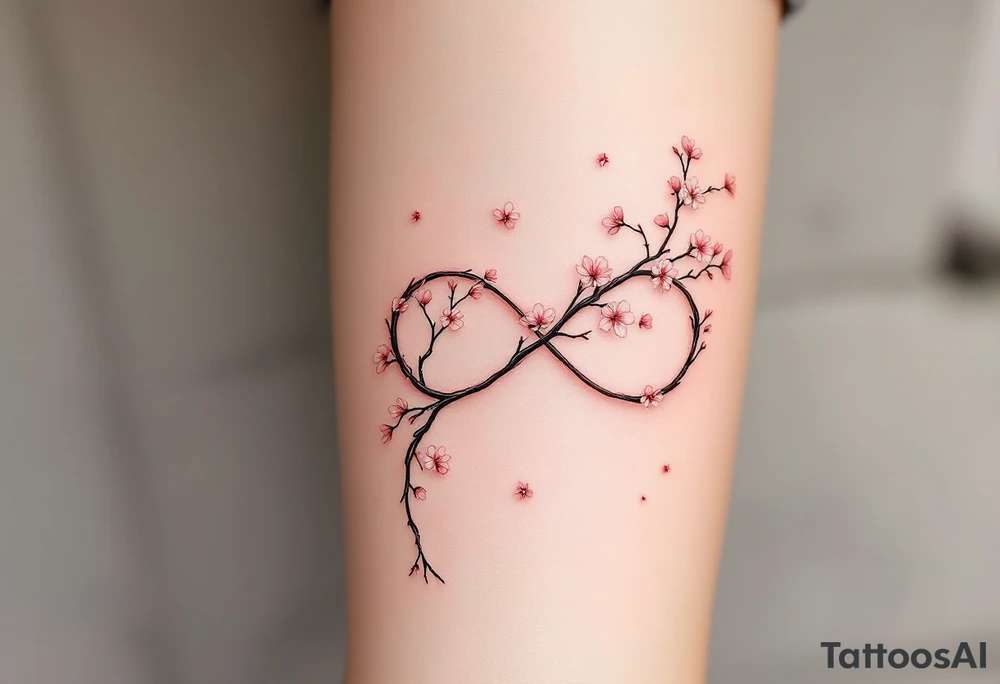 A cherry blossom branch bending into the infinity shape, with delicate pink flowers scattered around. tattoo idea