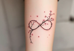 A cherry blossom branch bending into the infinity shape, with delicate pink flowers scattered around. tattoo idea