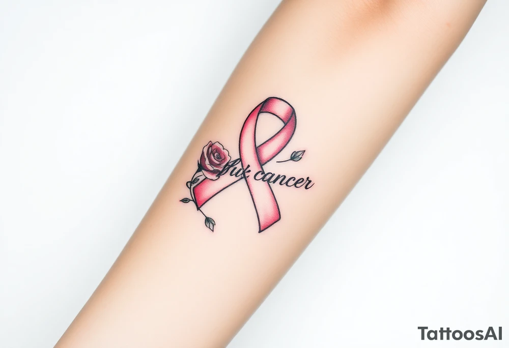 Pretty Cancer ribbon that says "fuck cancer"with light pink roses tattoo idea