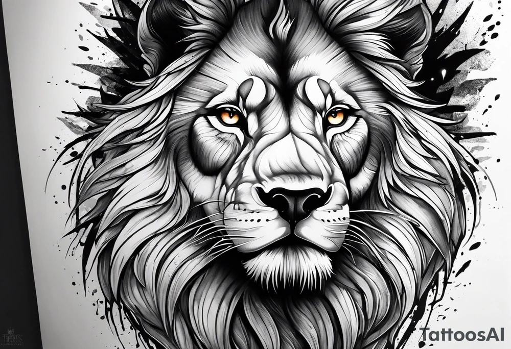 a face of a fearless lion combined whit a fearless wolf in the wood tattoo idea