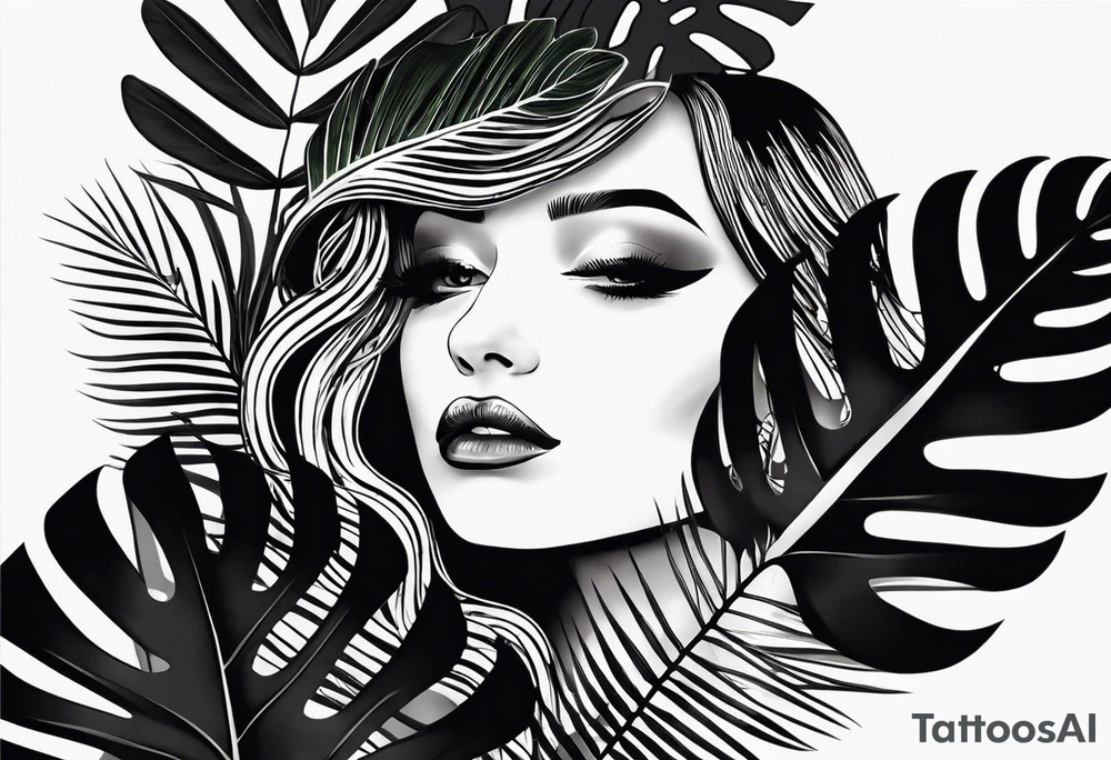 I want a monochrome tattoo in black gradients featuring a snake subtly hidden among the leaves of Raphidophora and Monstera. The snake should be coiled and partially visible, blending harmoniously with the detailed, large leaves of the plants. The Monstera leaves should have natural holes, while the Raphidophora leaves should be long and pointed. The overall style of the tattoo should be realistic, with shading and black gradients to create an elegant and mysterious effect." tattoo idea