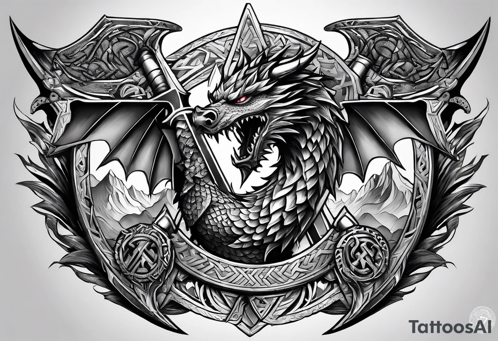 Valhalla sword shield dragon axe Valknut tattoo idea