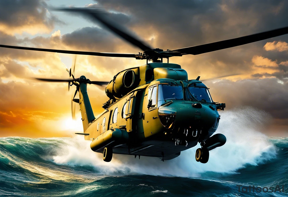 A cinematic-style tattoo depicting a Canadian military CH-148 Cyclone helicopter performing a daring maneuver over a turbulent ocean. The sky should be filled with dramatic clouds, and the sun should be setting, casting long shadows. The helicopter should be the main focus, with intricate details and a sense of motion. In the background, a poppy should be prominently displayed, and a quote from 'Lest We Forget' should be included, black and white tattoo idea