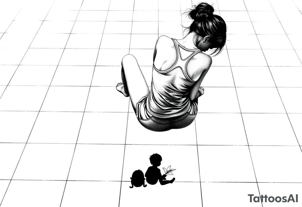 a tile floor with a minimalist realistic silhouette of the back of a thin woman sitting curled on the tile floor and a black silhouette of a young child sitting next to her with a lily next to them on the floor. The woman is wearing a Racerback tank top, running shorts, has dark hair pulled up high, and her head is down. tattoo idea