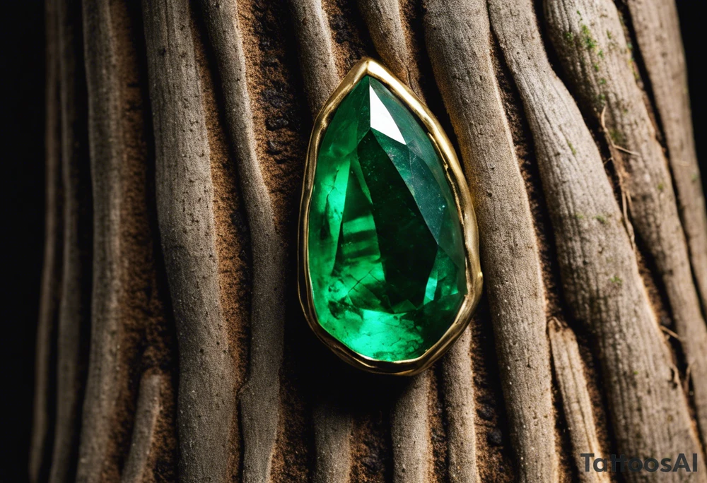 Tattoo: A striking Gachala emerald sits at the base of a tall quindio wax palm, which grows resiliently from cracks in rugged, rocky soil. The emerald is the main focal point, symbolizing strength and endurance, while the wax palm, rooted in the soil’s crevices, represents growth and resilience. A small water stream flows gently from the rocks, adding an element of life and nourishment. Style: Geometric. tattoo idea