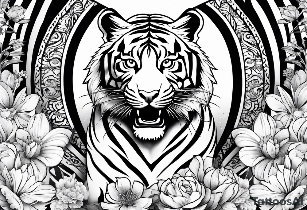 tiger, 3 butterflies, flowers for ladies thigh / hip tattoo idea