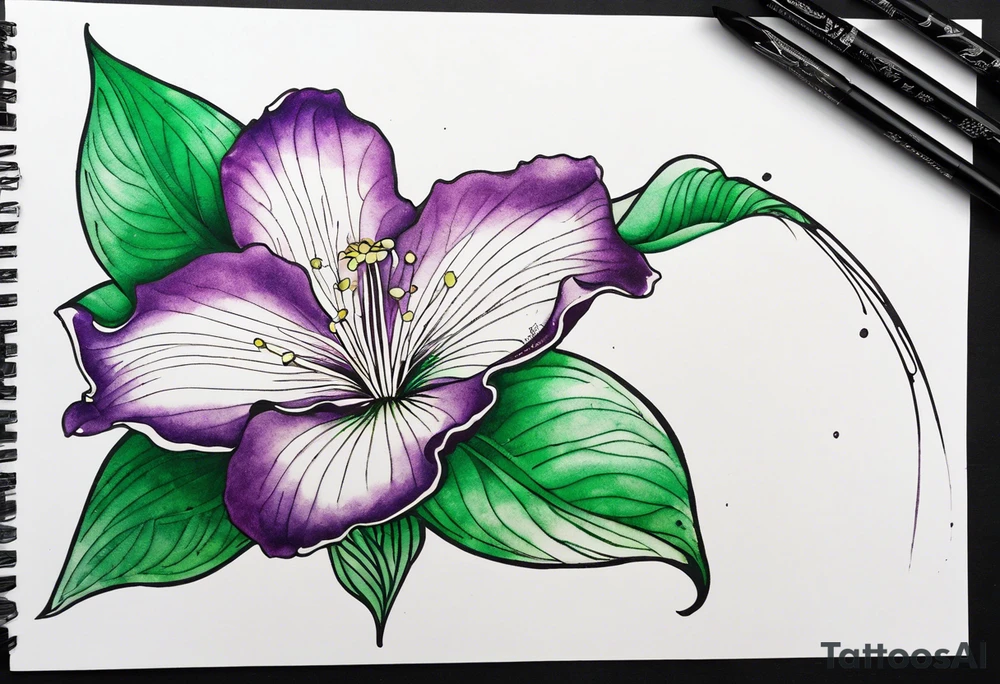 An outline of a green rio dipladenia flower and a green and purple watercolor splash in the background tattoo idea