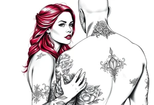 Woman with long red hair and red lipstick with lots of tattoos with  a bald muscular white man with tattoos getting married tattoo idea