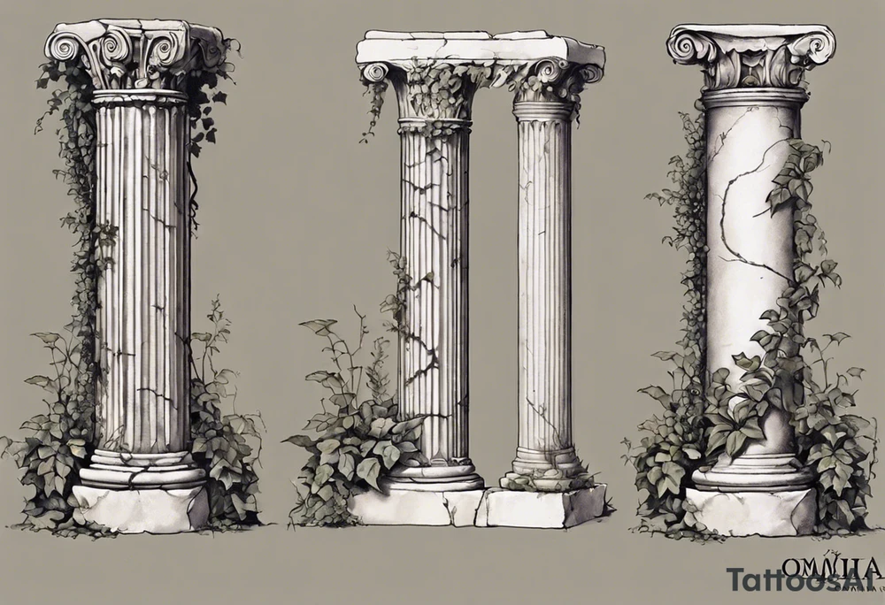 I want an ancient Roman pillar, with apparent cracks on it and a little bit of overgrown plants such as, but not limited to, ivy. The top part of the pillar has fallen off and is found to the right of the pillar. The top part shows that it is an Ionian pillar and has the word "OMNIA" written on it. The tattoo has some shading as the pillar is turned very slightly, about 10 degrees, to the right. The top part of the pillar must have fallen off, and is slightly crumbled. tattoo idea