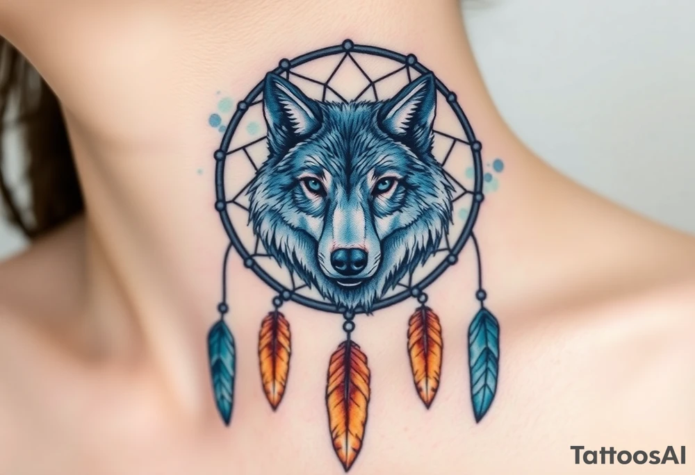 A dreamcatcher with a wolf’s face inside, with intricate feather patterns. The wolf’s fur is painted in cool tones of blue and silver, and the feathers are shaded in soft brown and gold tattoo idea
