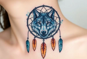 A dreamcatcher with a wolf’s face inside, with intricate feather patterns. The wolf’s fur is painted in cool tones of blue and silver, and the feathers are shaded in soft brown and gold tattoo idea