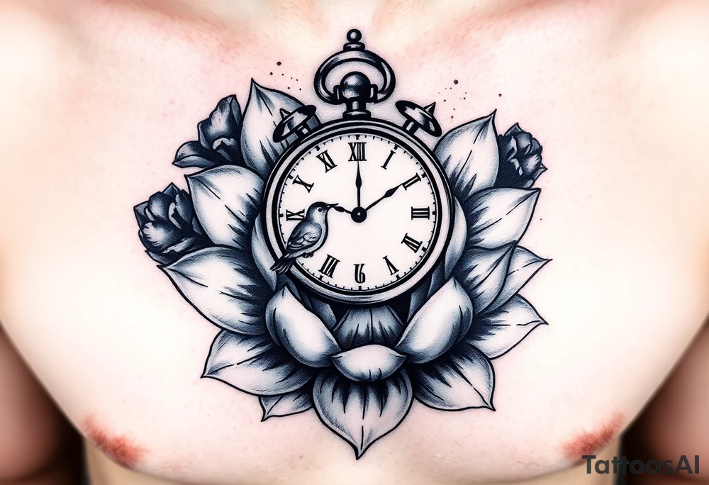 A broken clock floating inside a blooming lotus flower, with a small bird flying out from the clock face tattoo idea