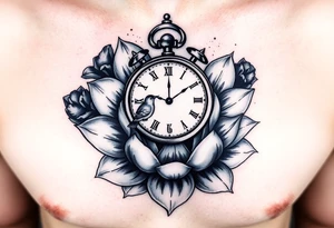 A broken clock floating inside a blooming lotus flower, with a small bird flying out from the clock face tattoo idea