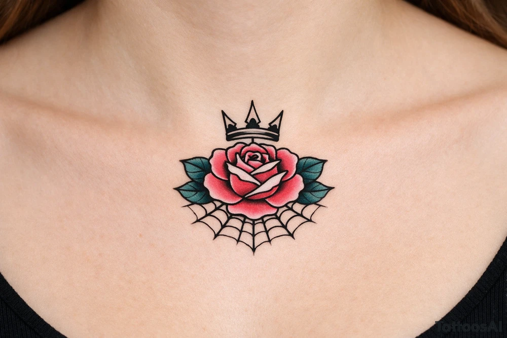 Pink and petrol rose , petrol leaves no stem, minimalist crown above it, crown is black and white and has no gems, crown has three spikes , spider web beneath tattoo idea