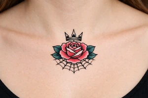Pink and petrol rose , petrol leaves no stem, minimalist crown above it, crown is black and white and has no gems, crown has three spikes , spider web beneath tattoo idea