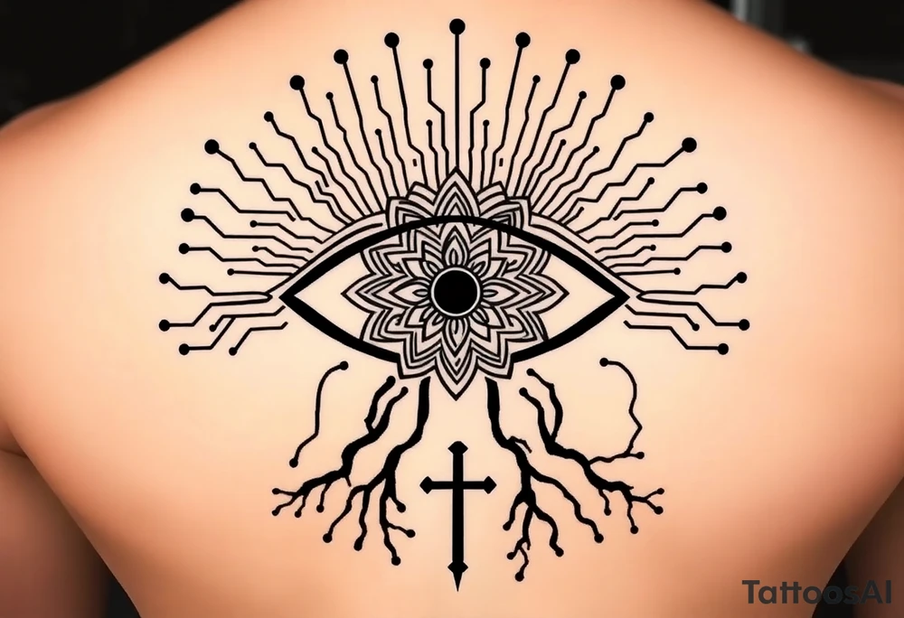 Central Element: A large, stylized eye is the focal point.

The iris of the eye is filled with a mandala pattern, symbolizing depth, balance, and inner awareness.

The lines are fine and clean, forming symmetrical layers and floral-like geometry within the mandala.

Upper Design: From the top of the eye extend circuit-like branches, mimicking electronic pathways.

These lines rise vertically and diagonally in symmetrical fashion, ending in rounded circuit nodes, representing intelligence, logic, and the digital mind.

Lower Design: From the bottom of the eye extend natural tree roots.

These branches flow organically and curve outward, grounding the symbol with themes of nature, growth, and spiritual connection.

Text Element: Below the tree roots is the word "σοφία" in Ancient Greek, meaning wisdom.

The font is clean and classical, giving it a timeless, philosophical presence.

Religious Symbol: Directly below the Greek word is a simple, black cross.

The cross is thin, minimal, and vertically aligned with the center of the eye, representing faith, spirituality, or divine guidance.

Placement: back tattoo idea